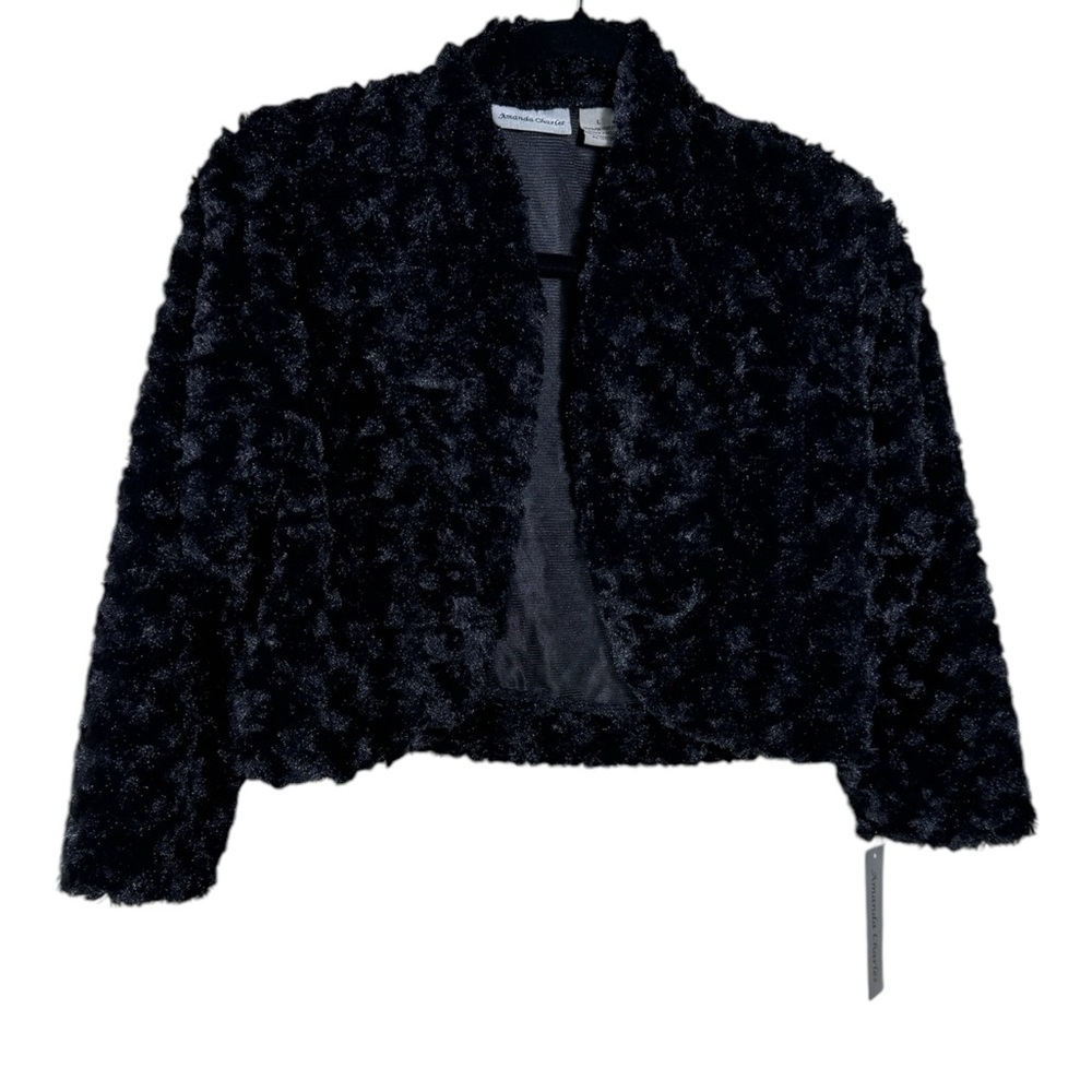 ⭐️Y2K⭐️Amanda Charles Black Faux Fur Cropped Jacket Women's Size Large NWT GLAM